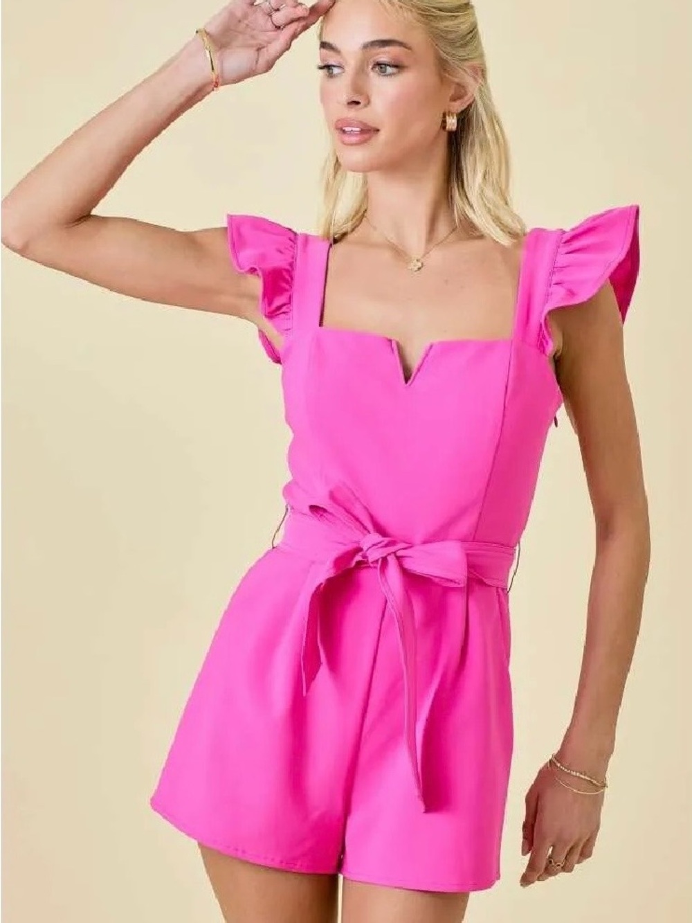 Bright Pink Square-Neck Ruffle Sleeve Romper